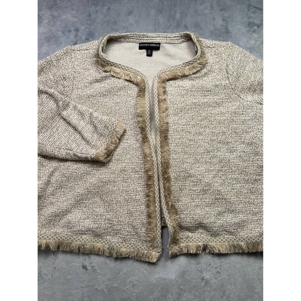 Brooke Shields Timeless Tweed Fringe Open Front Cardigan Jacket Tan Cream 1X